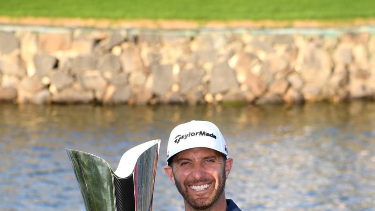 Dustin Johnson of The United States celebrates with the trophy during Day four of the Saudi International at the Royal Greens Golf & Country Club on February 03, 2019 in King Abdullah Economic City, Saudi Arabia