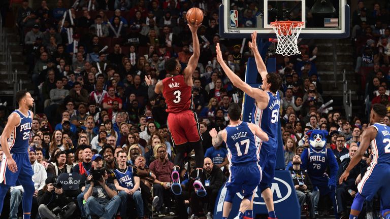 Dwyane Wade of the Miami Heat shoots the ball during the game against the Philadelphia 76ers
