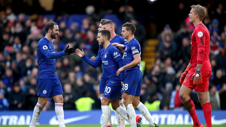 Eden Hazard celebrates scoring Chelsea's second against Huddersfield