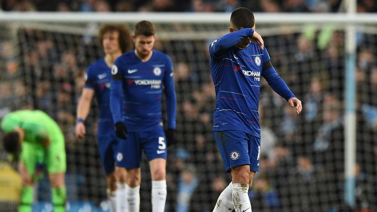 Chelsea midfielder Eden Hazard reacts after Manchester City's fifth