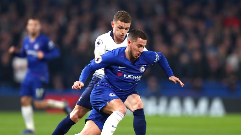 Eden Hazard takes on Kieran Tripper at Stamford Bridge