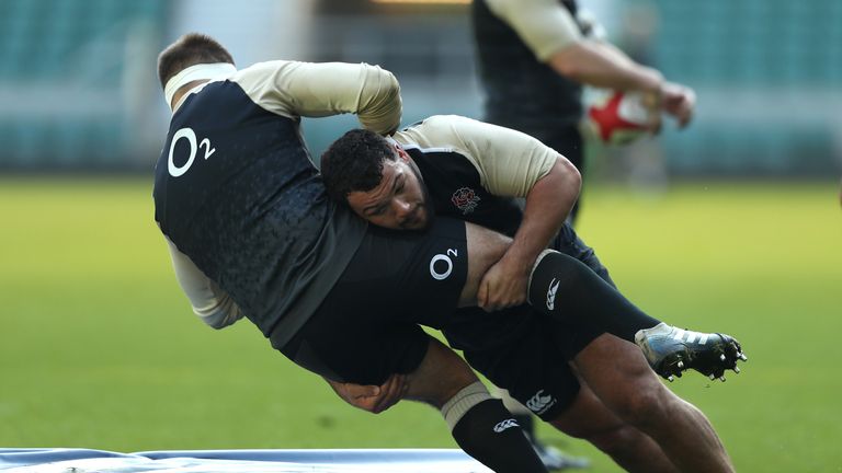 Ellis Genge tackles Ben Moon during England training at Twickenham