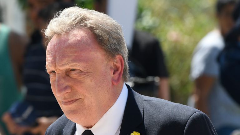 Cardiff manager Neil Warnock attends the funeral of Emiliano Sala