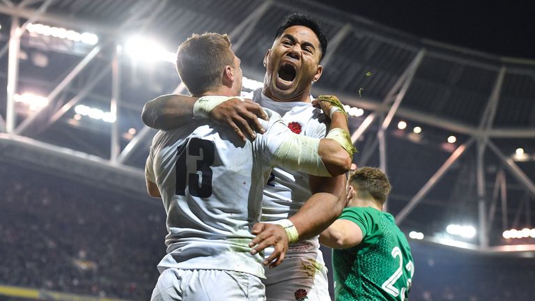 Manu Tuilagi celebrates with Henry Slade