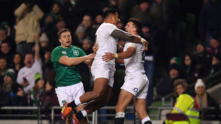 Henry Slade celebrates scoring his team's third try with Manu Tuilagi 