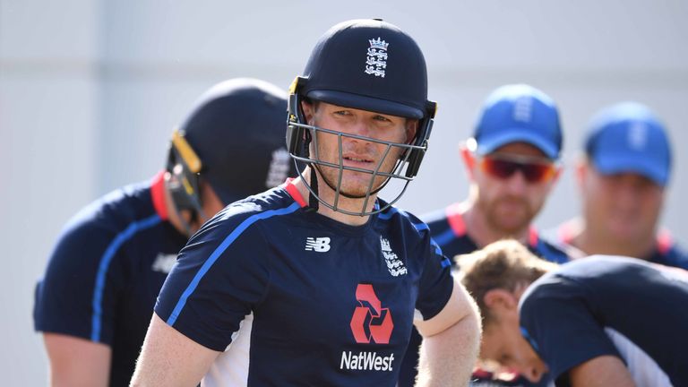 England captain Eoin Morgan during a nets session at The Kensington Oval
