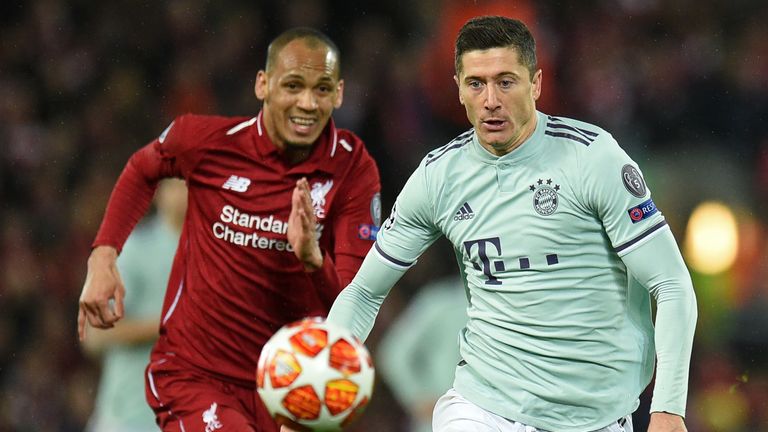 Fabinho and Robert Lewandowski in action in the Champions League tie between Liverpool and Bayern Munich at Anfield in February 2019