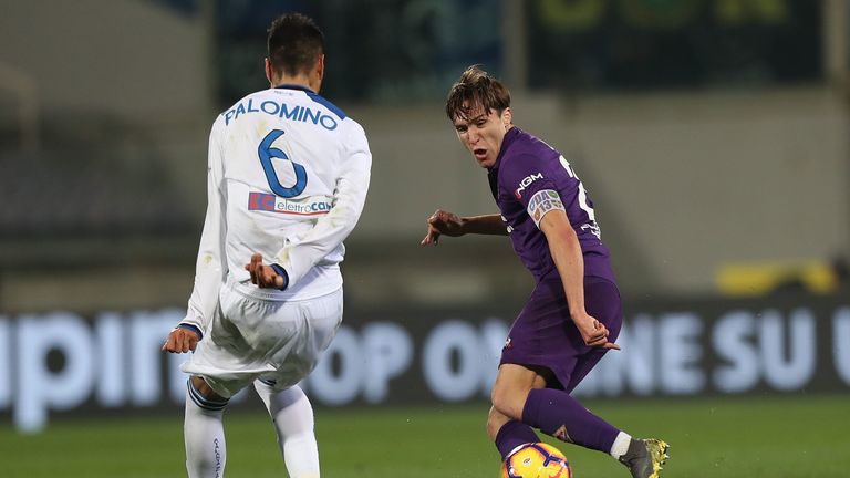 Federico Chiesa of Fiorentina in action during the Coppa Italia semi-final first leg