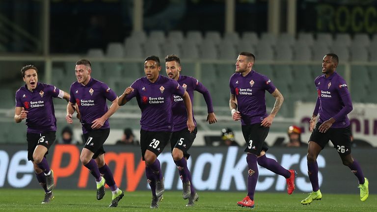 Fiorentina's Luis Muriel celebrates his goal against Inter Milan.