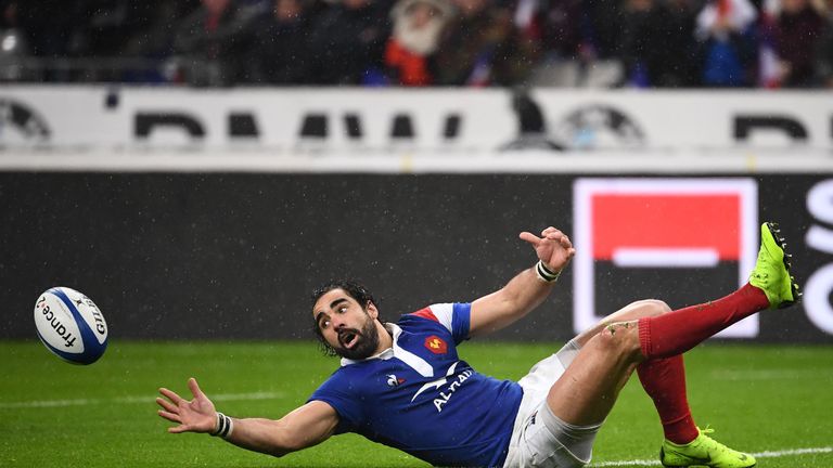 France's Yoann Huget spills the ball during his side's 2019 Six Nations Championship clash with Wales in Paris