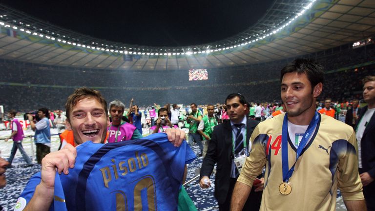 Francesco Totti and Marco Amelia celebrate the 2006 World Cup win for Italy over France