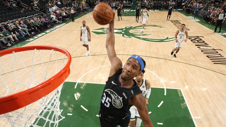 MILWAUKEE, WI - FEBRUARY 9:  Melvin Frazier Jr. #35 of the Orlando Magic dunks the ball against the Milwaukee Bucks on February  9, 2019 at the Fiserv Forum Center in Milwaukee, Wisconsin. NOTE TO USER: User expressly acknowledges and agrees that, by downloading and or using this Photograph, user is consenting to the terms and conditions of the Getty Images License Agreement. Mandatory Copyright Notice: Copyright 2019 NBAE (Photo by Gary Dineen/NBAE via Getty Images). 
