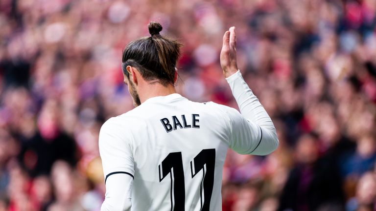 Gareth Bale celebrates his goal during the Madrid derby