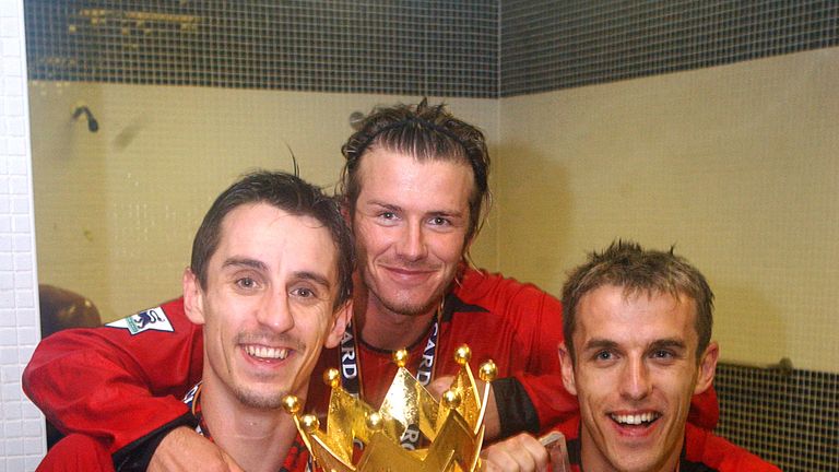 L-R: Gary Neville, David Beckham and Phil Neville celebrate with the Barclaycard Premiership trophy in the dressing room               ..Everton v Manchester United, Goodison Park, Liverpool 11/05/2003, Barclaycard Premiership