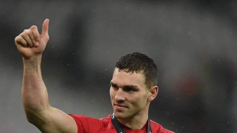 George North celebrates scoring two tries in Wales' 24-19 win over France in 2019 Six Nations