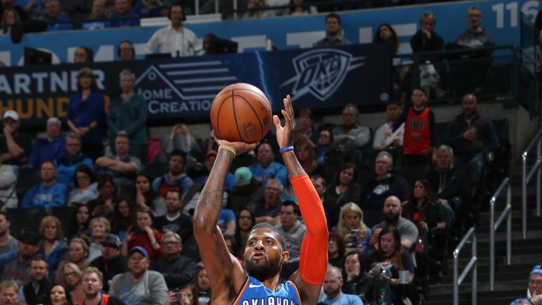 OKLAHOMA CITY, OK- FEBRUARY 22: Paul George #13 of the Oklahoma City Thunder shoots the ball against the Utah Jazz on February 22, 2019 at Chesapeake Energy Arena in Oklahoma City, Oklahoma. NOTE TO USER: User expressly acknowledges and agrees that, by downloading and or using this photograph, User is consenting to the terms and conditions of the Getty Images License Agreement. Mandatory Copyright Notice: Copyright 2019 NBAE (Photo by Zach Beeker/NBAE via Getty Images)