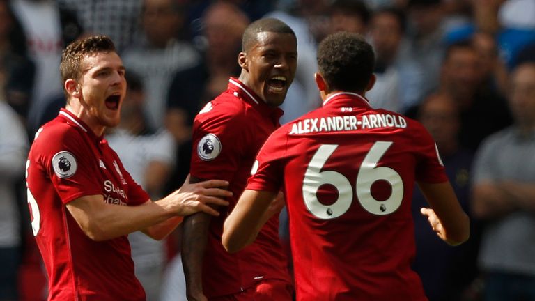 Georginio Wijnaldum celebrates his goal for Liverpool against Tottenham at Wembley in 2018