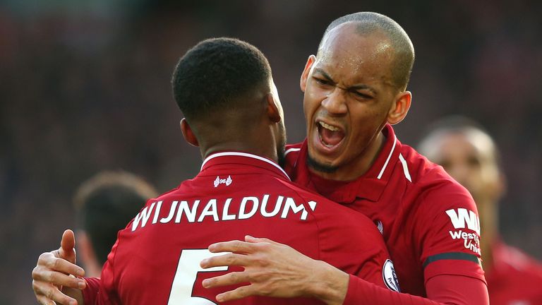 Georginio Wijnaldum celebrates with Fabinho after scoring Liverpool's second goal