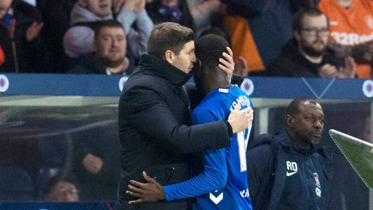 Rangers manager Steven Gerrard speaks to Glen Kamara after being substituted.