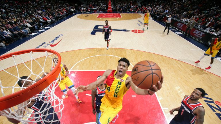 Giannis Antetokounmpo #34 of the Milwaukee Bucks shoots the ball against the Washington Wizards on February 2, 2019 at Capital One Arena in Washington, DC.