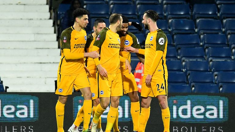 Glenn Murray of Brighton & Hove Albion celebrates his goal during the FA Cup Fourth Round Replay match between West Bromwich Albion and Brighton & Hove Albion at The Hawthorns on February 06, 2019 in West Bromwich, United Kingdom