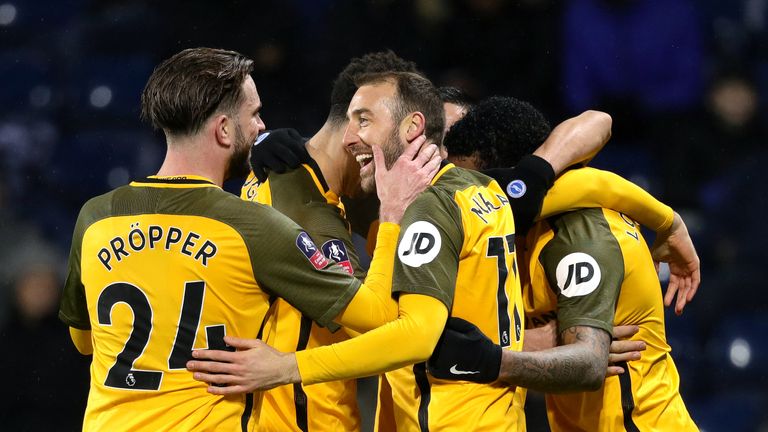 Brighton & Hove Albion's Glenn Murray (centre) celebrates scoring his sides second goal of the game with teammates during the FA Cup fourth round replay match at The Hawthorns, West Bromwich. PRESS ASSOCIATION Photo. Picture date: Tuesday February 5, 2019. See PA story SOCCER West Brom. Photo credit should read: Aaron Chown/PA Wire. RESTRICTIONS: EDITORIAL USE ONLY No use with unauthorised audio, video, data, fixture lists, club/league logos or "live" services. Online in-match use limited to 120 images, no video emulation. No use in betting, games or single club/league/player publications.