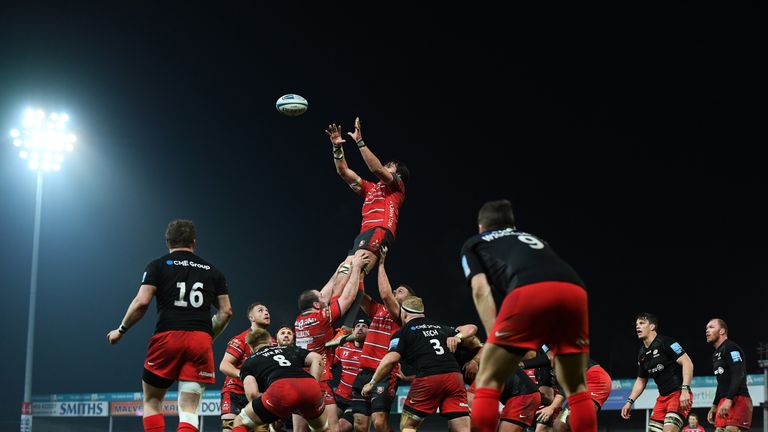 Gloucester secure a lineout during their victory over Premiership rivals Saracens at Kingsholm in 2019