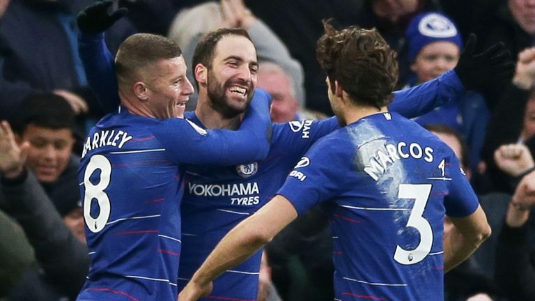 Gonzalo Higuain celebrates scoring Chelsea's fourth goal 