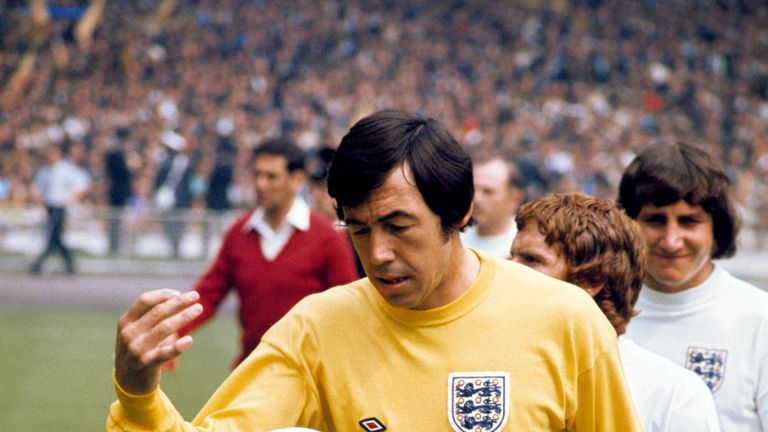 England goalkeeper Gordon Banks leads the team out at Wembley in 1969