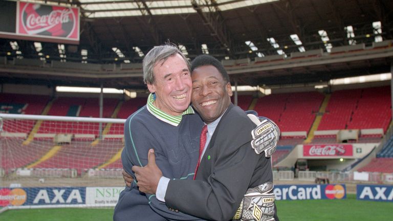 Pele and Gordon Banks during an AXA photocall at Wembley in London