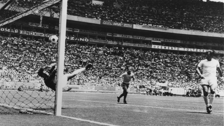 Gordon Banks makes a remarkable save from a header by Pele during their first round match in the World Cup at Guadalajara, Mexico, June 1970