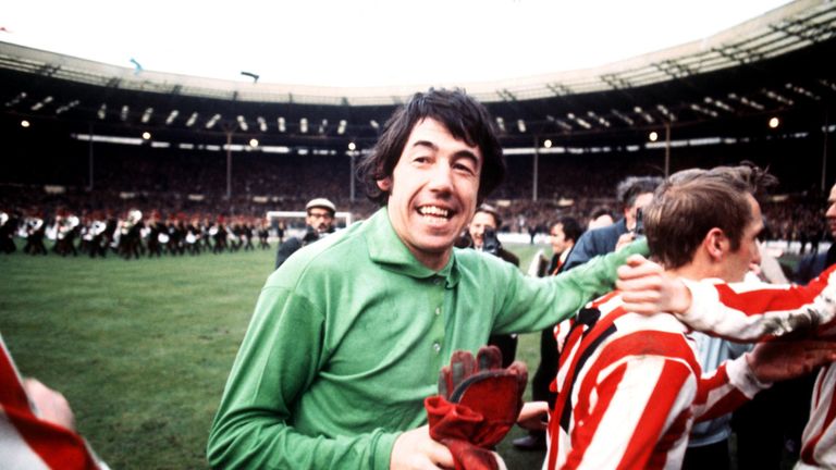 Gordon Banks celebrates Stoke's League Cup Final win over Chelsea in 1972