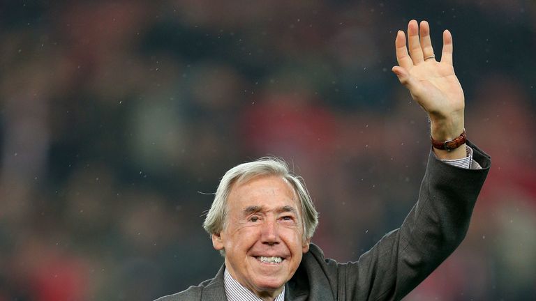 Gordon Banks waves to fans at half-time during a Capital One Cup, Fourth Round match at the Britannia Stadium