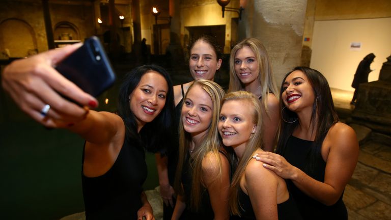The Great Britain Fed Cup team of Harriet Dart, Anne Keothavong, Great Britain Captain, Katie Swan, Joanna Konta, Katie Boulter and Heather Watson pose for a selfie at the Roman Baths ahead of the start of the Fed Cup Europe and Africa Zone Group I fixtures at University of Bath on February 04, 2019 in Bath, England. 