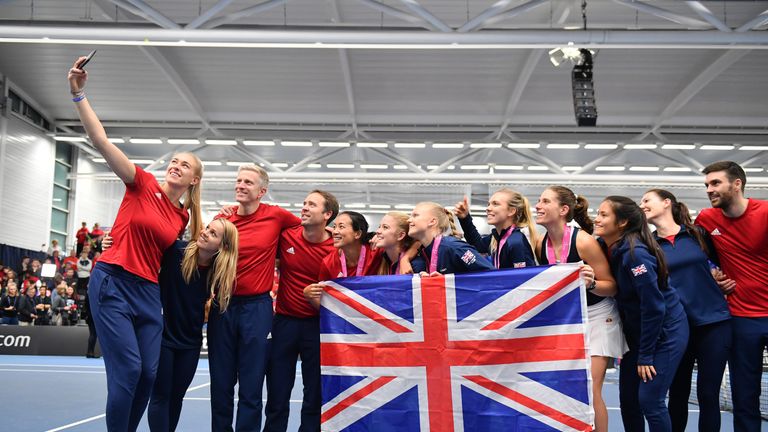 The Great Britain side pose for a selfie after winning during Day Four of the Fed Cup Europe and Africa Zone Group I at the University of Bath on February 09, 2019 in Bath, England. 