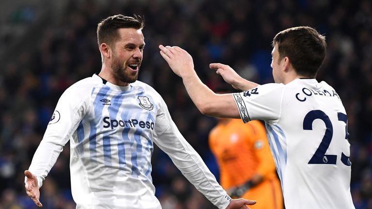 Gylfi Sigurdsson celebrates his opener with Seamus Coleman