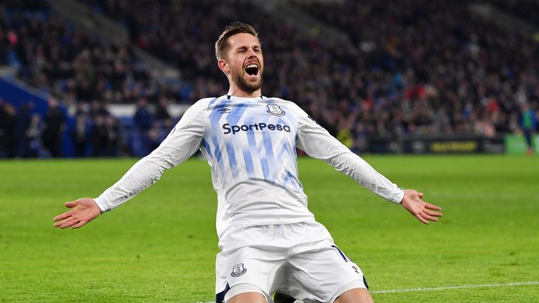 Gylfi Sigurdsson of Everton celebrates as he scores his team's second goal