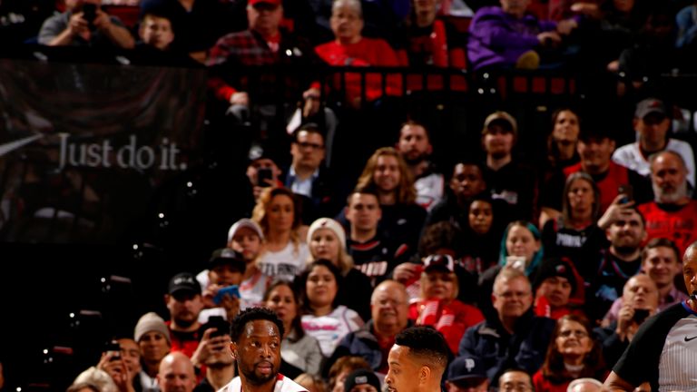 PORTLAND, OR - FEBRUARY 5: Dwyane Wade #3 of the Miami Heat handles the ball against the Portland Trail Blazers on February 5, 2019 at the Moda Center Arena in Portland, Oregon. NOTE TO USER: User expressly acknowledges and agrees that, by downloading and or using this photograph, user is consenting to the terms and conditions of the Getty Images License Agreement. Mandatory Copyright Notice: Copyright 2019 NBAE (Photo by Cameron Browne/NBAE via Getty Images)