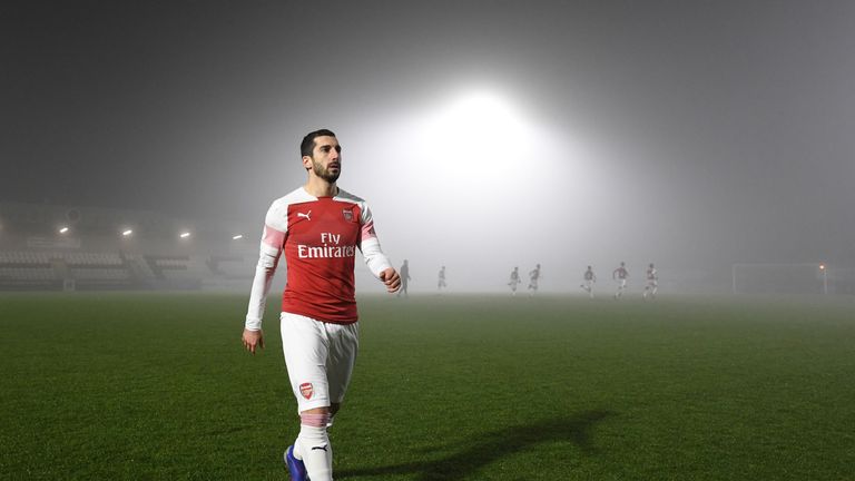 Henrikh Mkhitaryan walks off the pitch after the abandoned Premier League 2 match between Arsenal U23 and West Ham United at Meadow Park on February 4, 2019