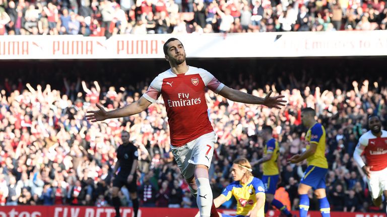 Henrikh Mkhitaryan celebrates after doubling Arsenal's lead