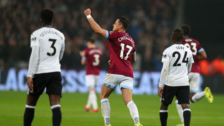 Javier 'Chicharito' Hernandez celebrates during the Premier League match between West Ham United and Fulham