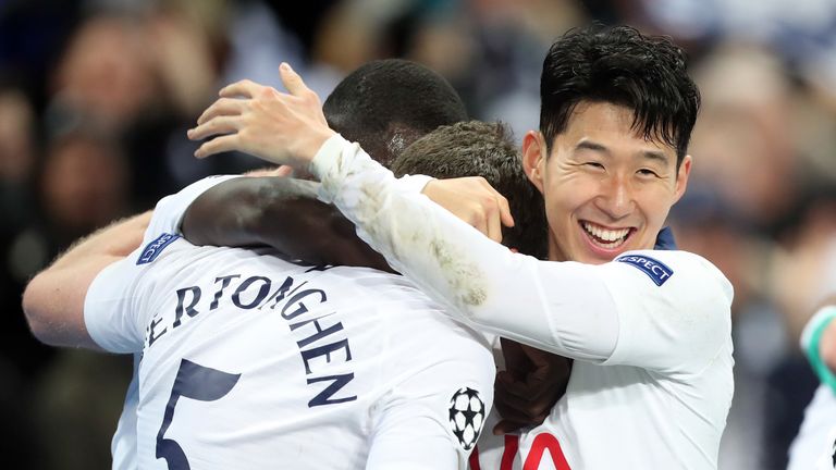 Heung-min Son celebrates Tottenham's second goal with goalscorer Jan Vertonghen