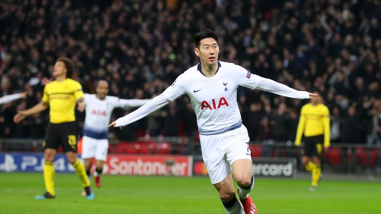 Heung-Min Son celebrates scoring against Borussia Dortmund