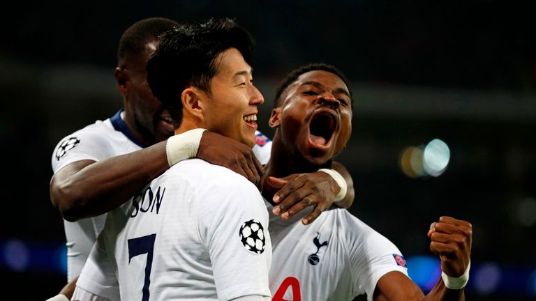 Heung-Min Son celebrates with team-mates after his goal against Borussia Dortmund