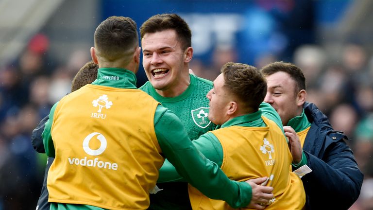 Ireland's Jacob Stockdale celebrates scoring his side's second try against Scotland