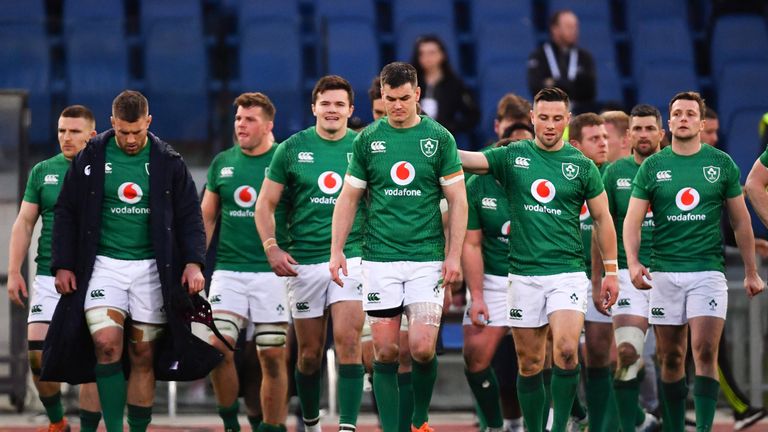 24 February 2019; The Ireland team, including Jonathan Sexton and John Cooney, centre, following the Guinness Six Nations Rugby Championship match between Italy and Ireland at the Stadio Olimpico in Rome, Italy. Photo by Ramsey Cardy/Sportsfile
