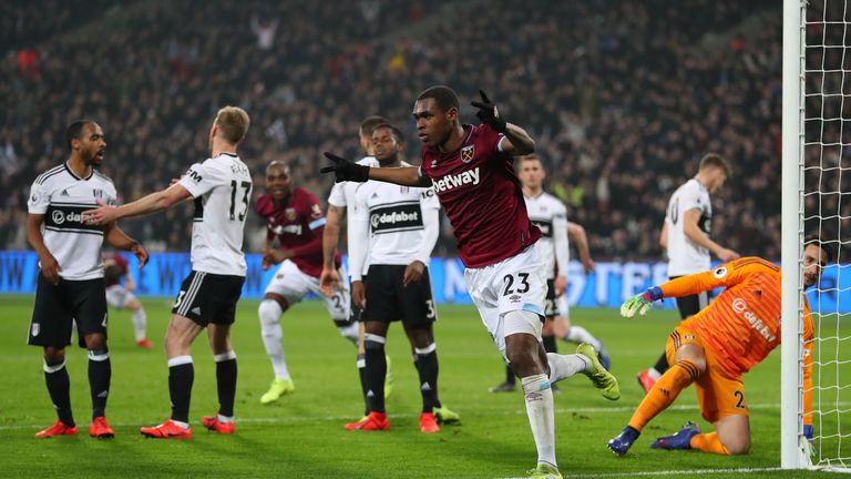 Issa Diop of West Ham United celebrates scoring his side's second goal during the Premier League match between West Ham United and Fulham FC at the London Stadium on February 22, 2019 in London, United Kingdom