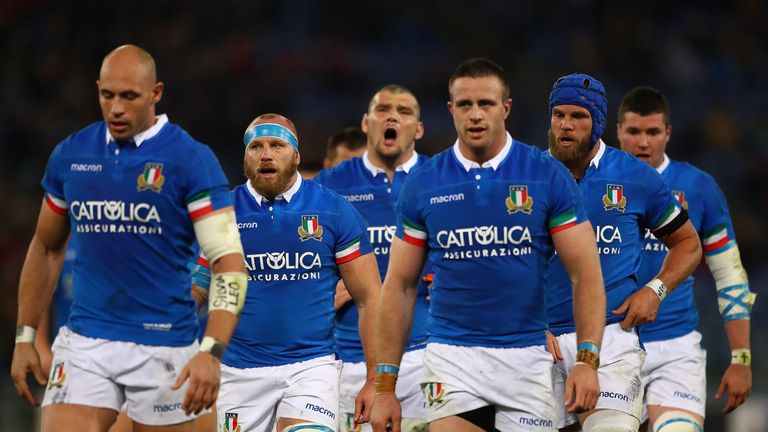 Sergio Parisse (L), Abraham Steyn (R) and Leonardo Ghiraldini (C) of Italy during the Guinness Six Nations match between Italy and Wales at Stadio Olimpico on February 09, 2019 in Rome, Italy. 