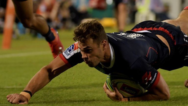 Jack Maddocks goes over during the Rebels' opening-day win over the Brumbies