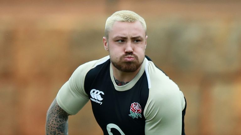 Jack Nowell passes the ball during the England media session held at Browns Sports Club on January 30, 2019 in Albufeira, Portugal.